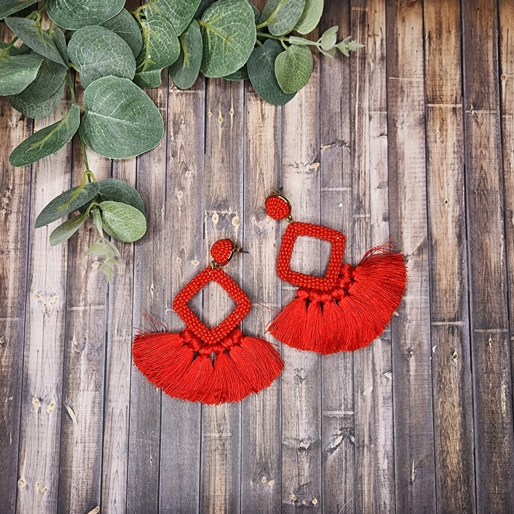 Red tassel and beaded earrings